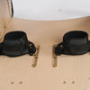 Pair of Smirthwaite heel huggies strapped to a wooden footplate