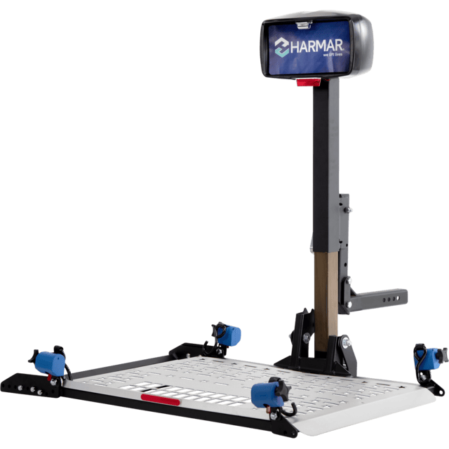 Harmar AL300 (base model shown) lift with an aluminum platform, blue retractors and control head, on white