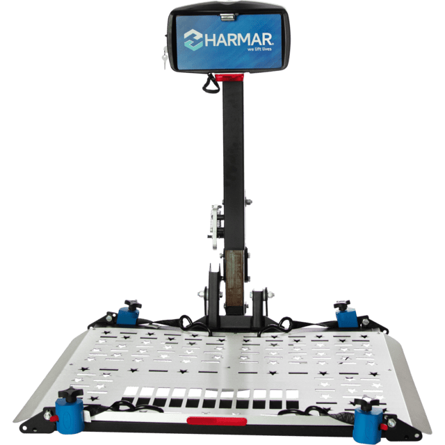 Harmar AL500 (base model shown) power wheelchair lift with an aluminum platform, mast and control head, on white