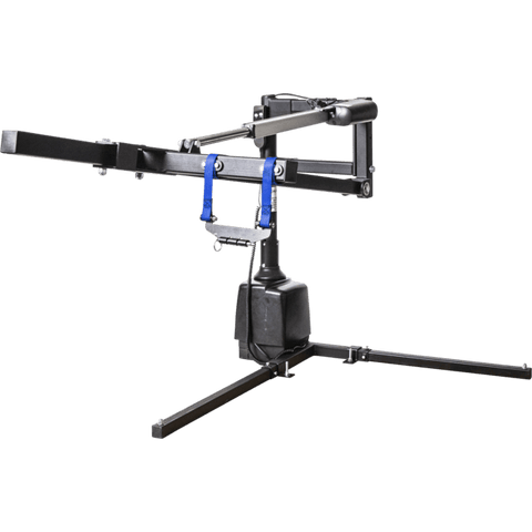 Harmar AL815CC (base model shown) truck hoist lift with a long boom, blue lifting straps and a folding base, on white