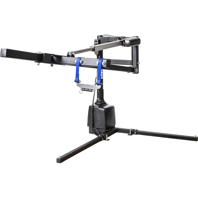 Harmar AL815CC (base model shown) truck hoist lift with a long boom, blue lifting straps and a folding base, on white