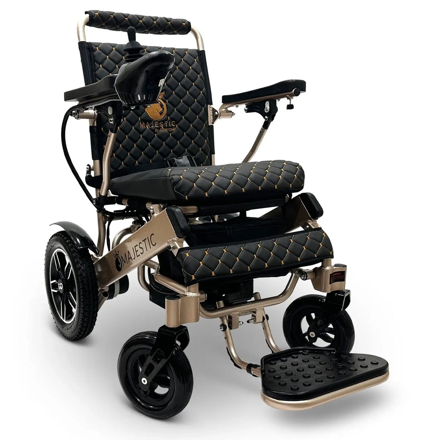 ComfyGO Majestic IQ-8000 power wheelchair with bronze frame and black quilted upholstery
