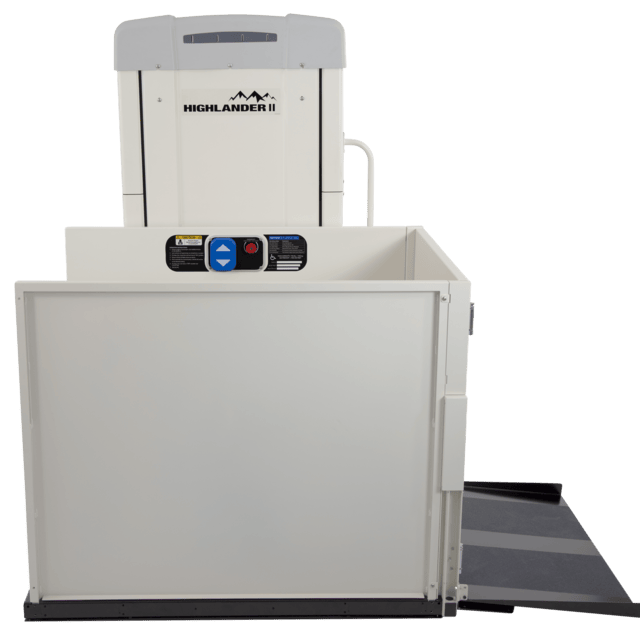 Harmar Highlander II vertical platform lift with side walls and ramp