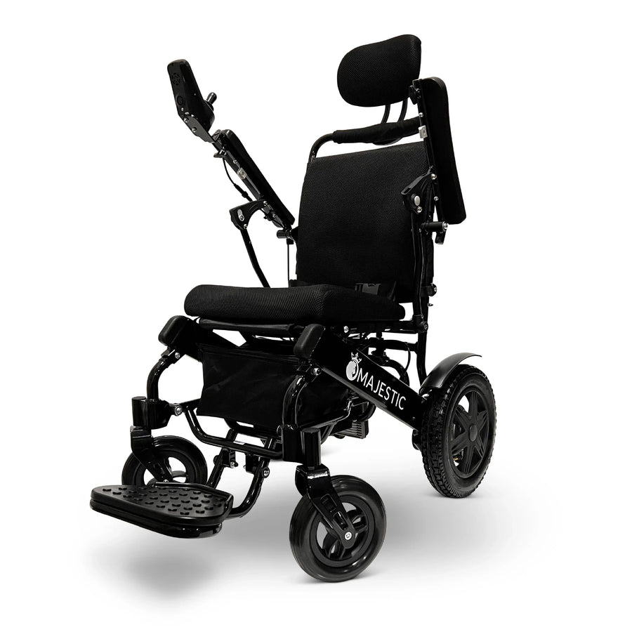 ComfyGO Majestic IQ-9000 reclining power wheelchair with a black frame and headrest
