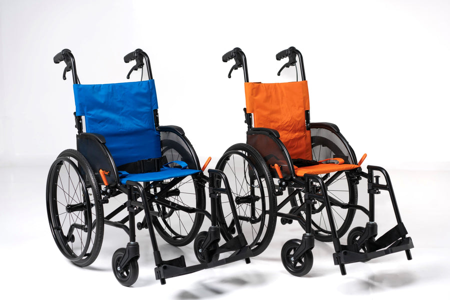 Two Feather Kids wheelchairs, one blue and one orange