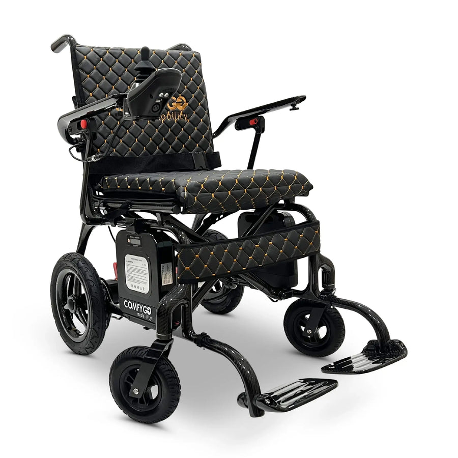 ComfyGO Phoenix folding power wheelchair with black quilted upholstery