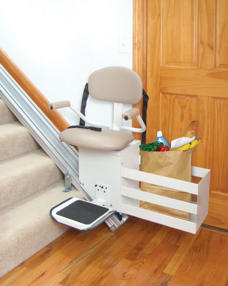 Harmar SL350 straight stairlift with a cargo rack holding a grocery bag