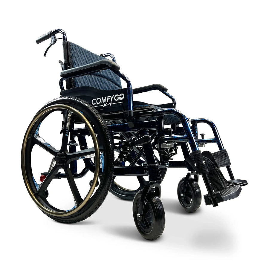 ComfyGO X-1 manual wheelchair with blue accents