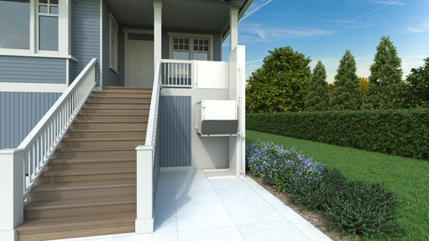 Tall Bruno residential platform lift (VPL-3100/3200B series shown) with a gate, rising beside a front porch stairway
