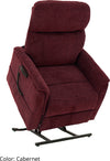 Pride Genesis power lift recliner in burgundy fabric, raised to stand