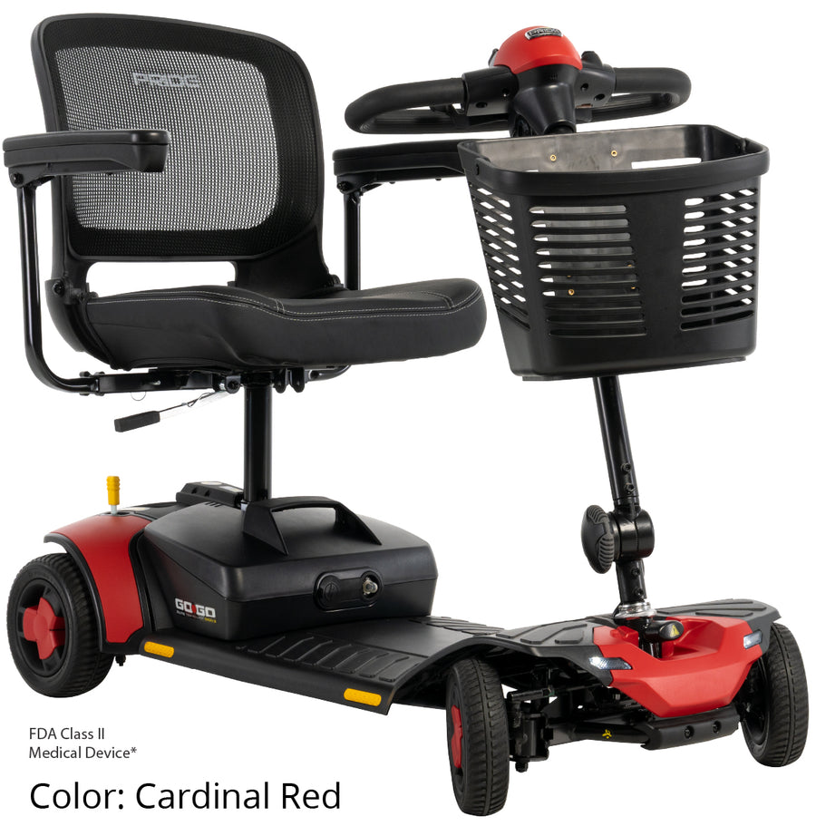 Pride Go Go Elite Traveller 4-wheel scooter with red trim and front basket