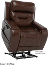 Pride VivaLift! Premier power lift recliner in brown leather, raised to stand