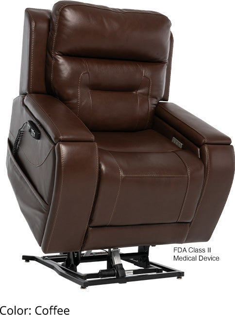 Pride VivaLift! Premier power lift recliner in brown leather, raised to stand