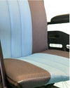 Light blue and grey mesh seat and back upholstery on a wheelchair