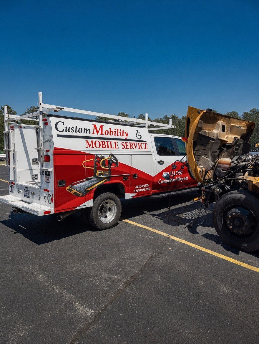 Custom Mobility mobile service truck parked beside a yellow bus with its hood open in a parking lot