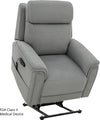 Pride Evolution power lift recliner in grey fabric, raised to stand