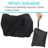 Black Vive scooter cover with its drawstring carry bag held by a hand