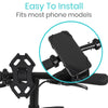 Black silicone phone holder strapped to a handlebar, with a close view of it holding a phone