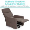 Brown Vive large lift chair reclined, showing the metal lift base underneath