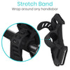 Close view of the phone holder's stretch band wrapped around a handlebar
