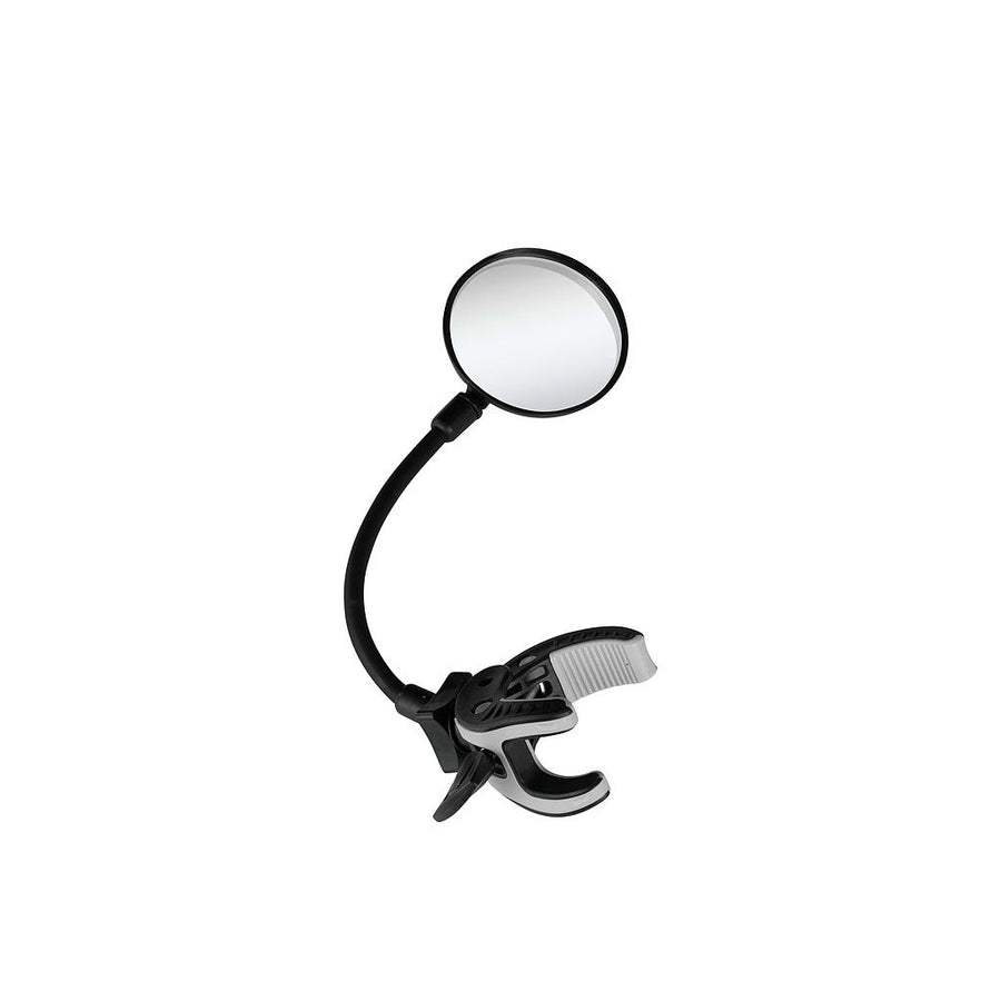 Vive round scooter mirror on a flexible black arm with a clamp, on white