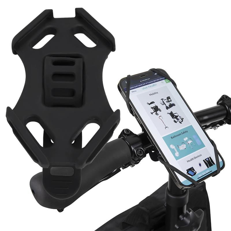 Black silicone Vive phone holder, shown on its own and holding a phone on a handlebar