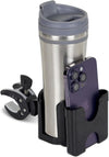 Black Vive cup and phone holder with a clamp, holding a steel tumbler and a phone, on white