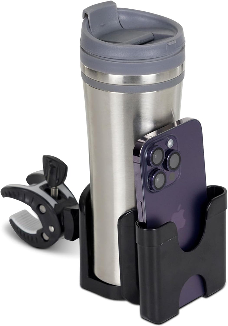 Black Vive cup and phone holder with a clamp, holding a steel tumbler and a phone, on white