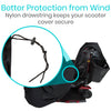 Black Vive scooter cover over a scooter, with a close view of the drawstring