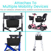 Black Vive side bag shown on a rollator, a scooter, a wheelchair and a walker
