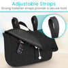 Close view of the black Vive side bag's fastener straps, with keys in a front pocket