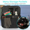 Open black Vive side bag holding a cane, phone, wallet, gloves and a bottle