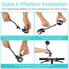 Four steps showing hands assembling the mirror arm and clamping it to a handlebar