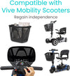 Black Vive basket shown on its own and on three Vive mobility scooters