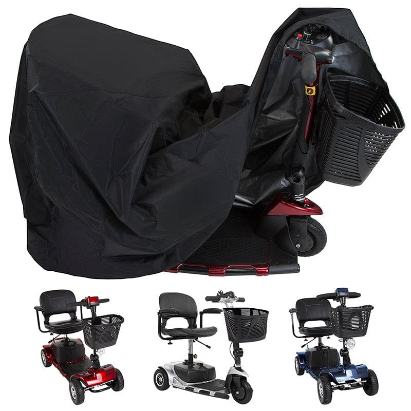 Black Vive scooter cover over a mobility scooter, with three uncovered scooters below