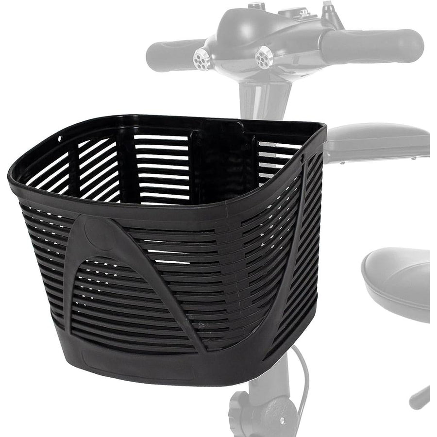 Black plastic Vive scooter basket mounted at the front of a scooter tiller