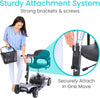 Woman attaching a black basket to a scooter, with a close view of the bracket