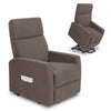 Vive large lift chair in brown fabric, with a smaller view of it in the lift position, on white