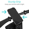 Phone held in the black silicone holder on a handlebar