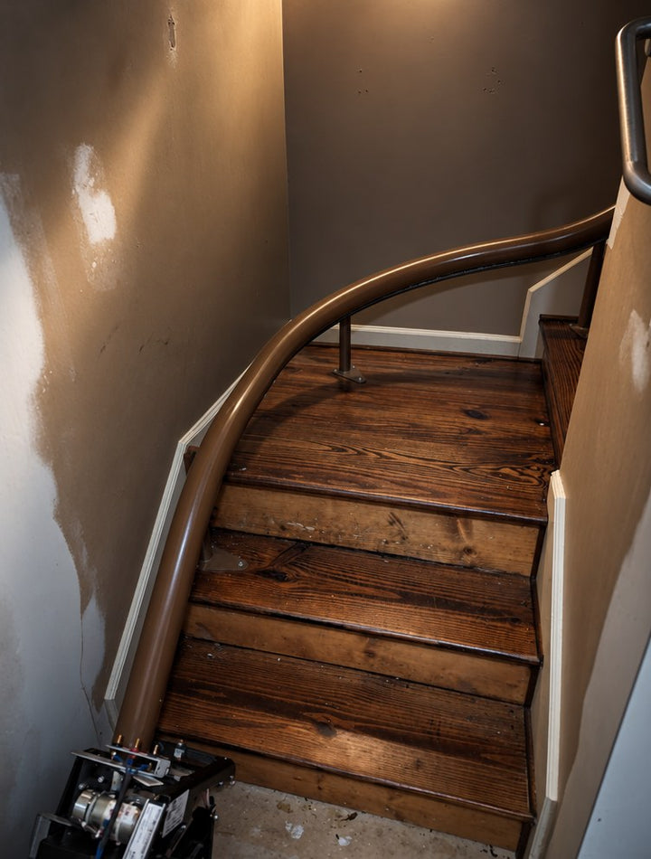Handicare curved stairlift rail in brown sweeping around the bottom of wooden stairs