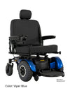 Pride Jazzy 1450 power wheelchair with blue shrouds and a high-back seat