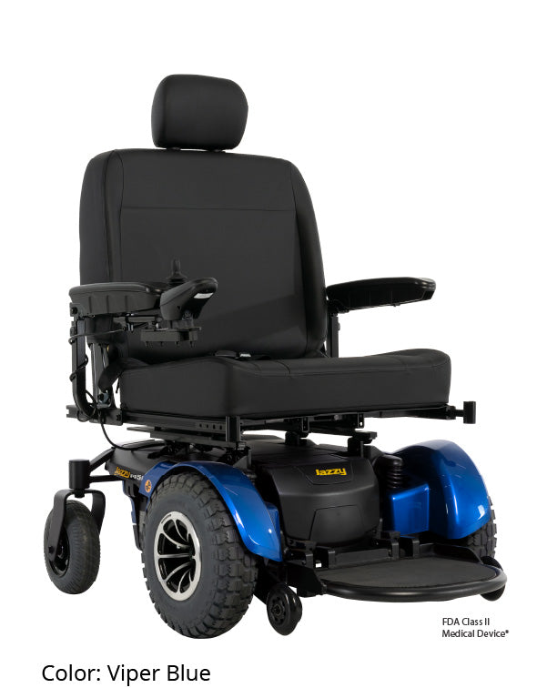 Pride Jazzy 1450 power wheelchair with blue shrouds and a high-back seat
