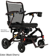 Pride Jazzy Carbon 27 folding power wheelchair with a dark red frame