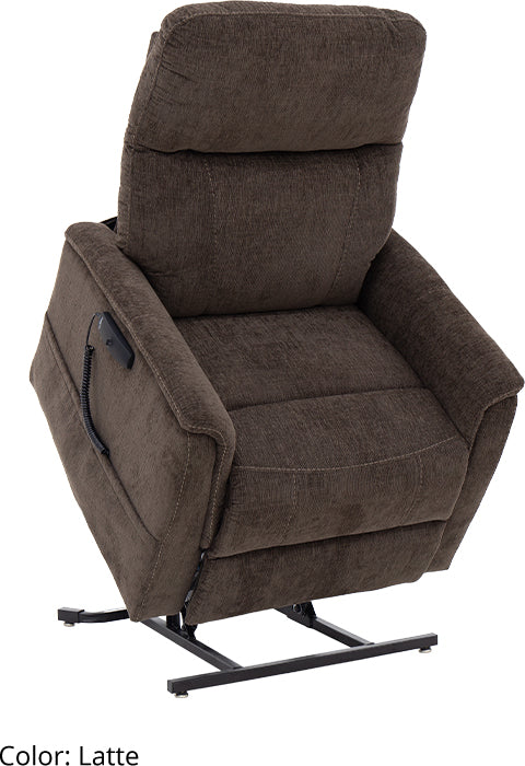 Pride Genesis power lift recliner in brown fabric, raised to stand
