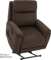 Pride Evolution power lift recliner in brown fabric, raised to stand