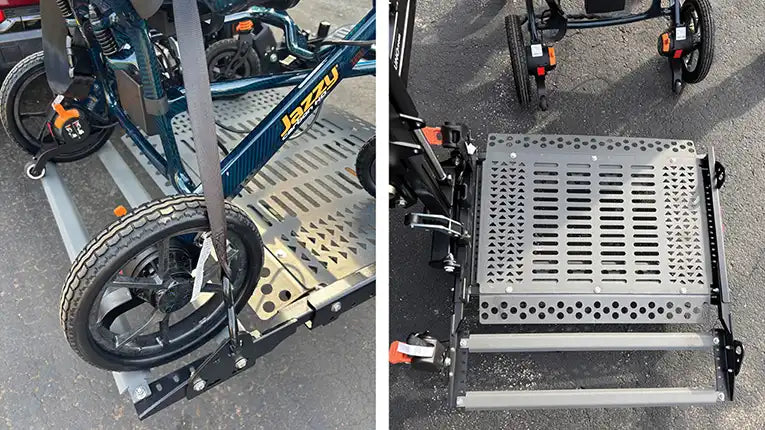 Bruno Out-Sider lift platform for a lightweight folding power wheelchair, two close views
