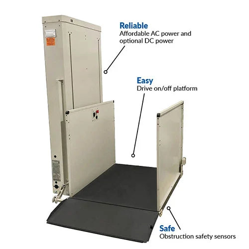Bruno vertical platform lift with an open platform and side panels, cut-out view