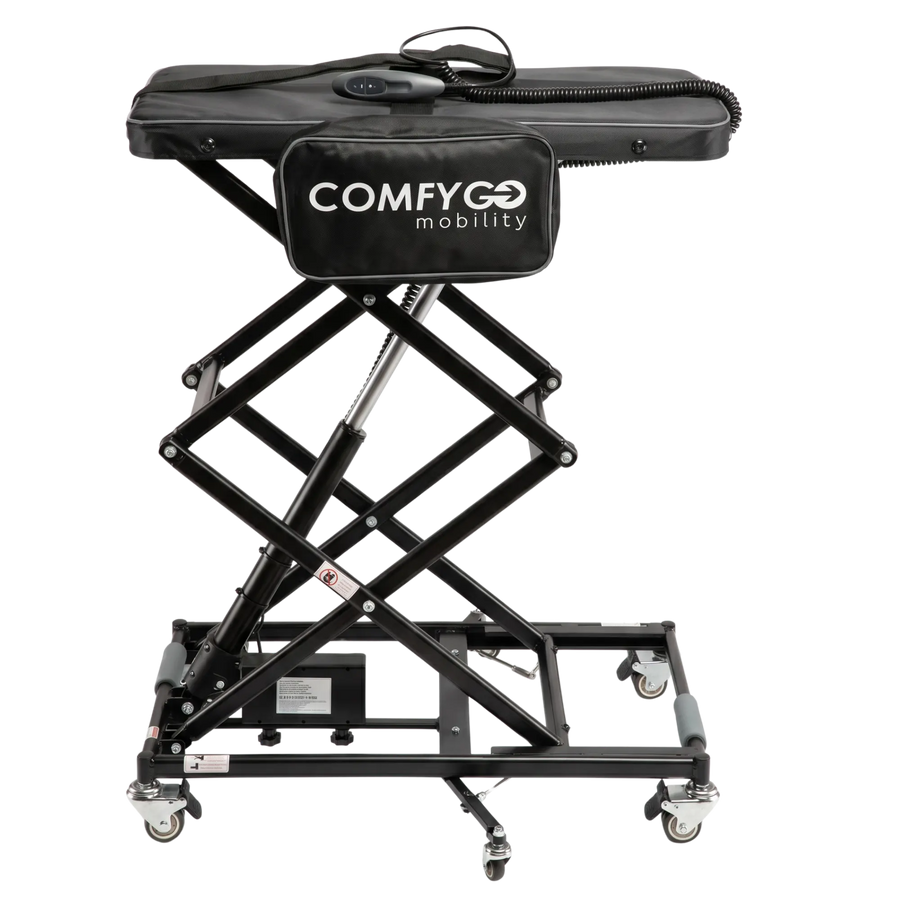 ComfyGO GO Lift scissor lift raised, with its padded top and carry bag