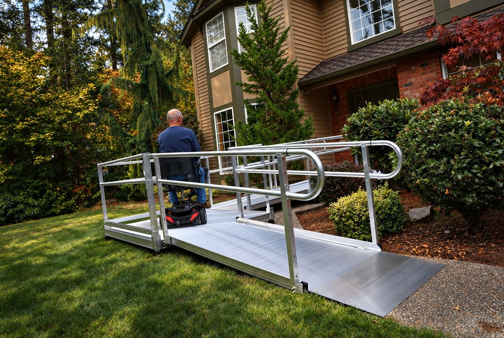Pathway 3G modular aluminum ramp with handrails leading to a house entry, man riding a scooter up the ramp