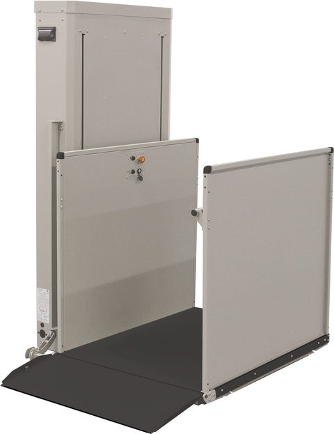 Bruno residential vertical platform lift (VPL-3100/3200B series shown) with a gate and ramp, on white